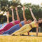 Side plank. Group of women have fitness outdoors on the field together