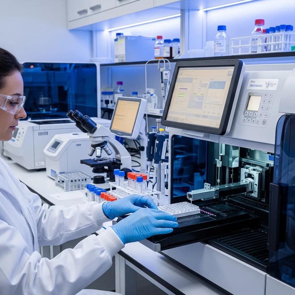 Healthcare professional using advanced biomedical lab instruments for clinical diagnostics