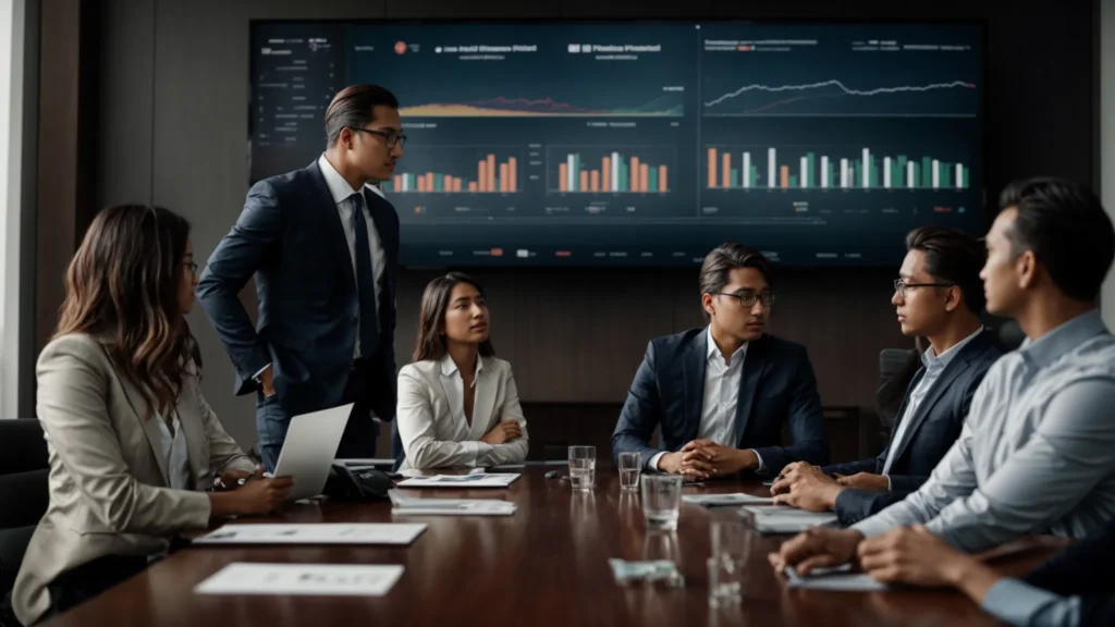 a group of business professionals gathered around a conference table, engaging with a large screen displaying advanced analytics.