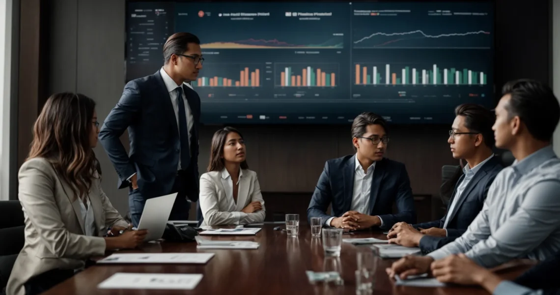 a group of business professionals gathered around a conference table, engaging with a large screen displaying advanced analytics.